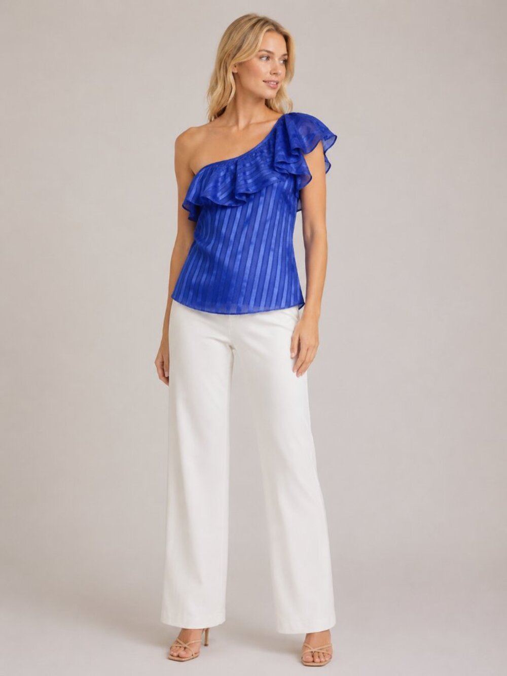 NWT White House Black Market Top 12 One Shoulder Flounce Sleeve Ruffle